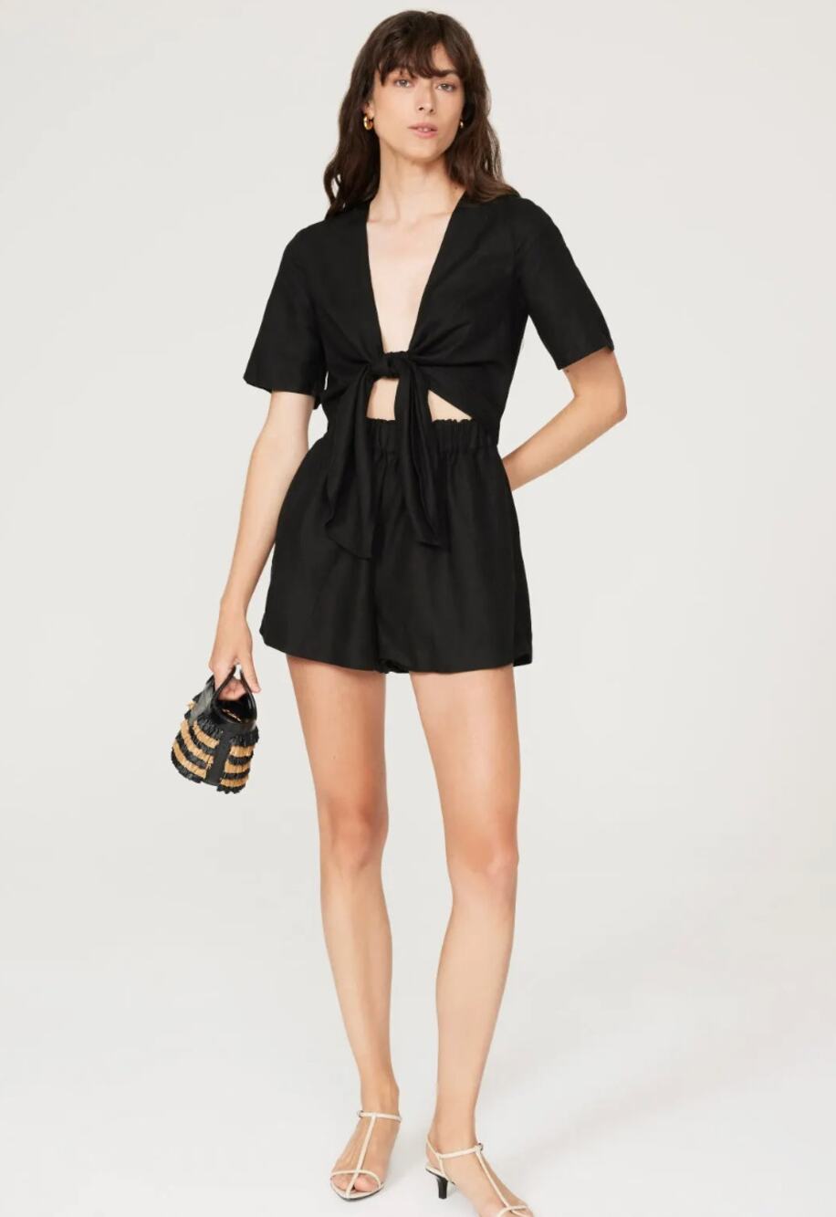 Thakoon x RTR Black Linen Blend Tie Waist Romper Size 0 V Neck Repair